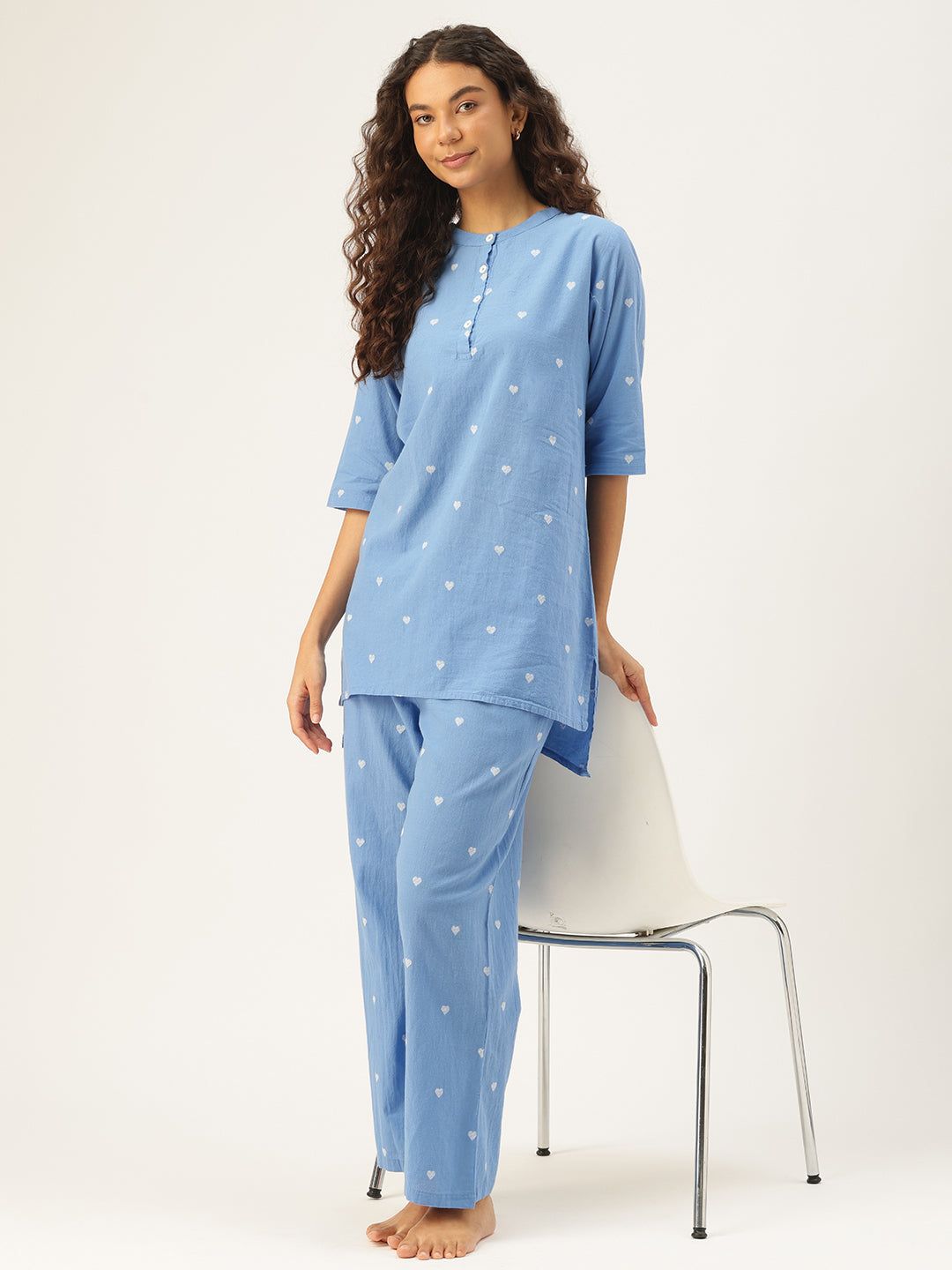 Blue Cotton Three-Quarter Sleeves Graphic Kurta & Palazzo