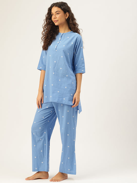 Blue Cotton Three-Quarter Sleeves Graphic Kurta & Palazzo