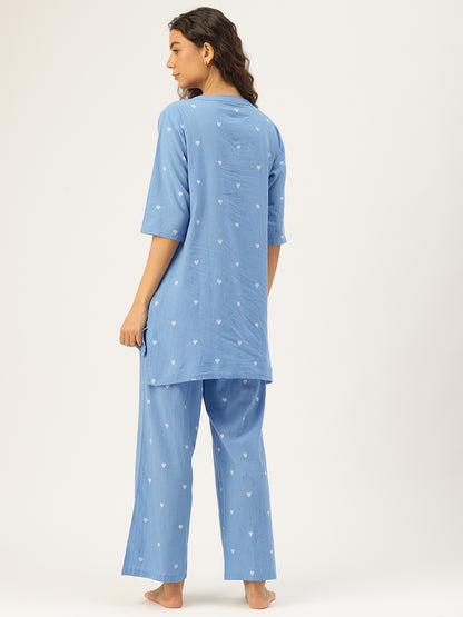 Blue Cotton Three-Quarter Sleeves Graphic Kurta & Palazzo