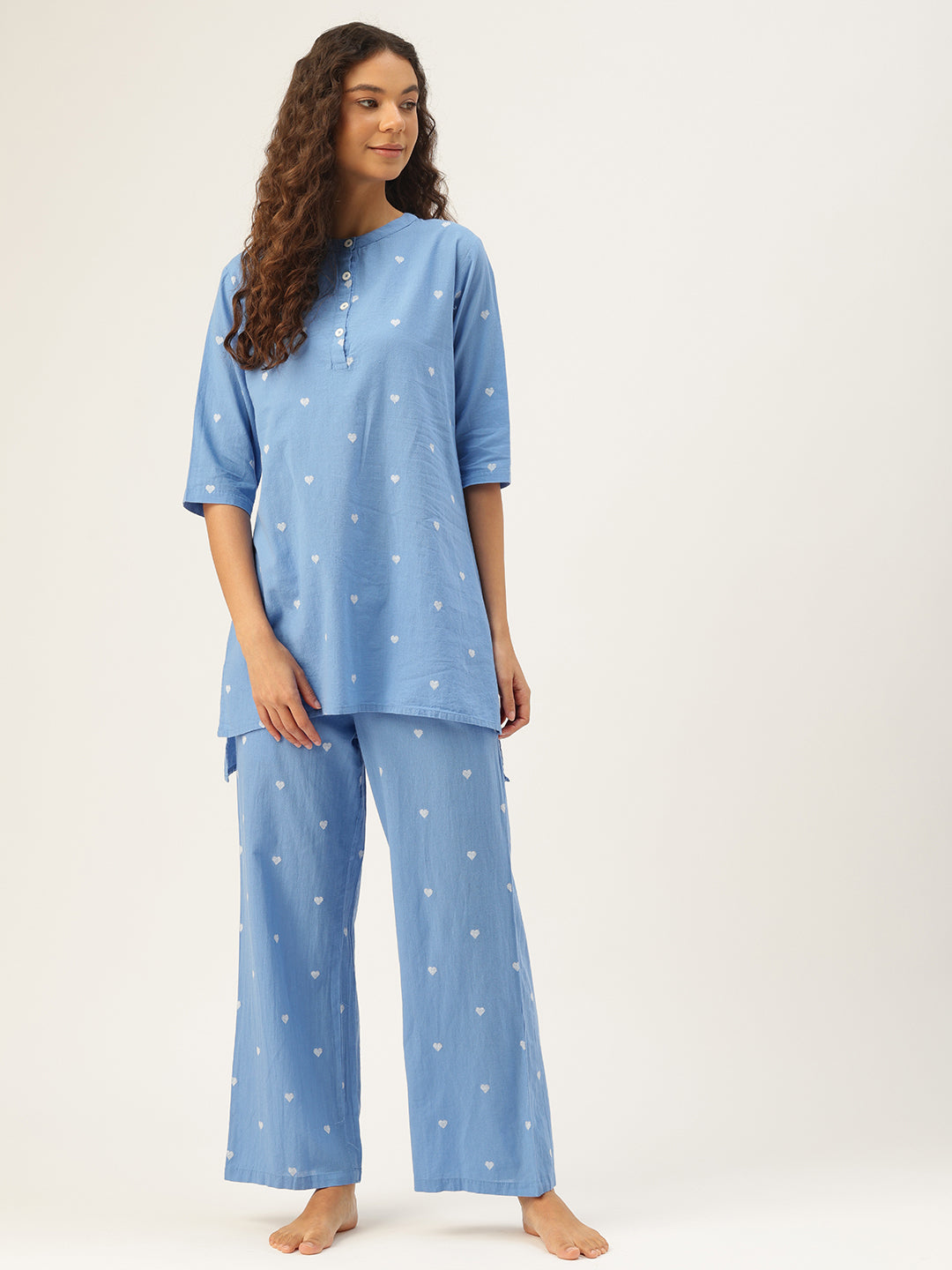 Blue Cotton Three-Quarter Sleeves Graphic Kurta & Palazzo