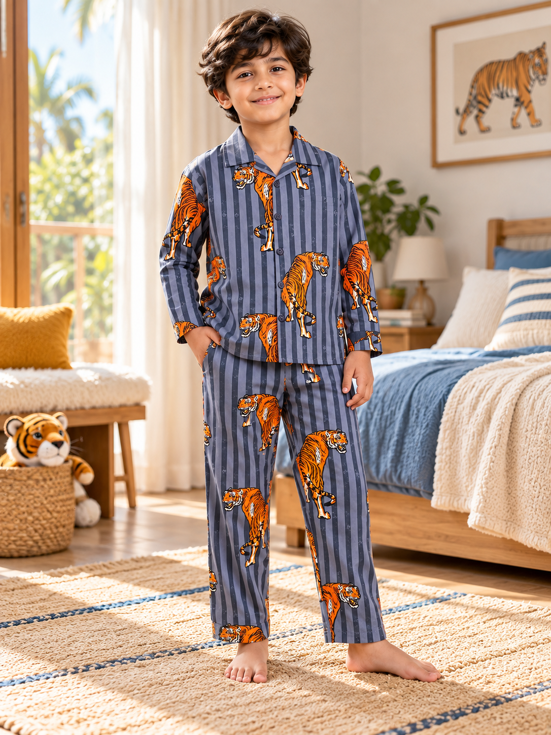 Grey Animal Print Cotton Full Sleeve Night Suit