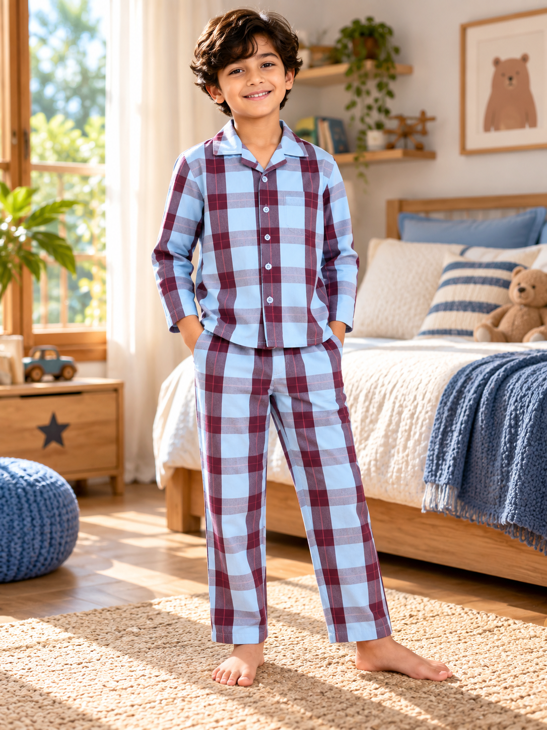Blue Checked Cotton Full Sleeve Night Suit
