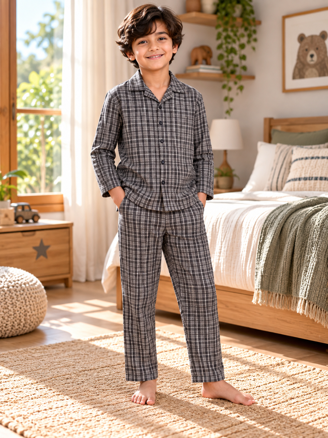 Black Checked Cotton Full Sleeve Night Suit