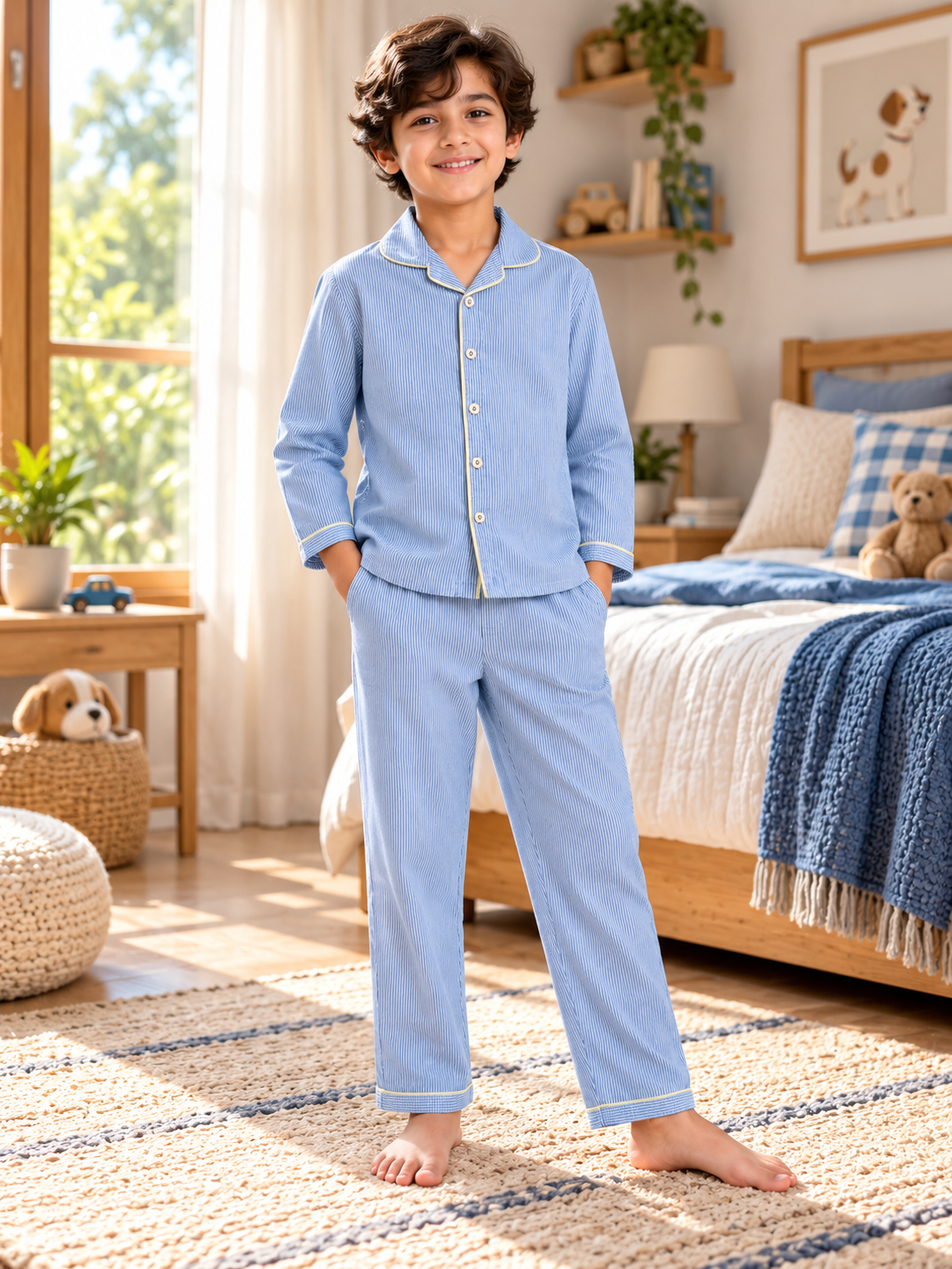 Blue Striped Cotton Full Sleeve Night Suit