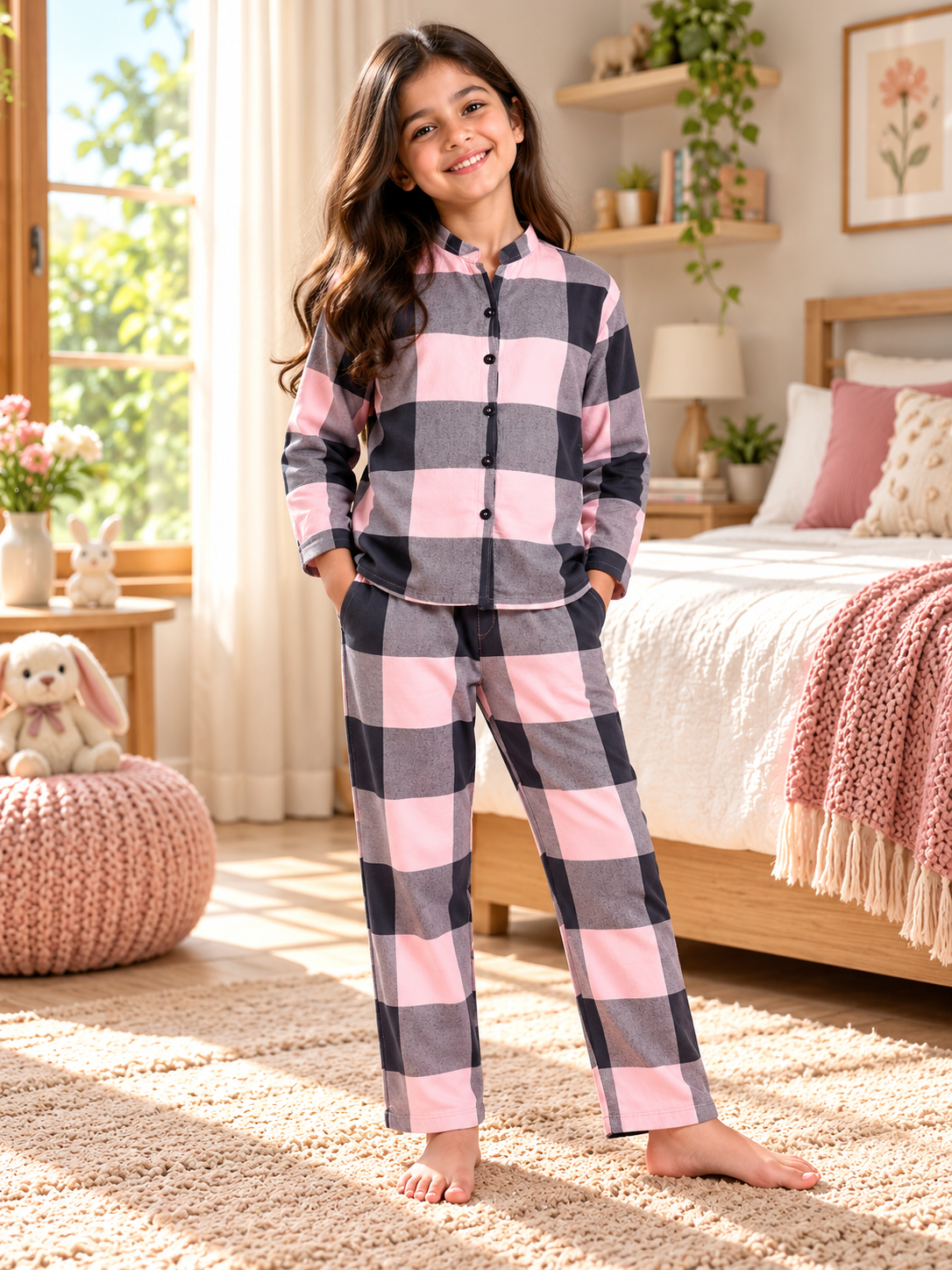 Pink Striped Cotton Full Sleeve Night Suit