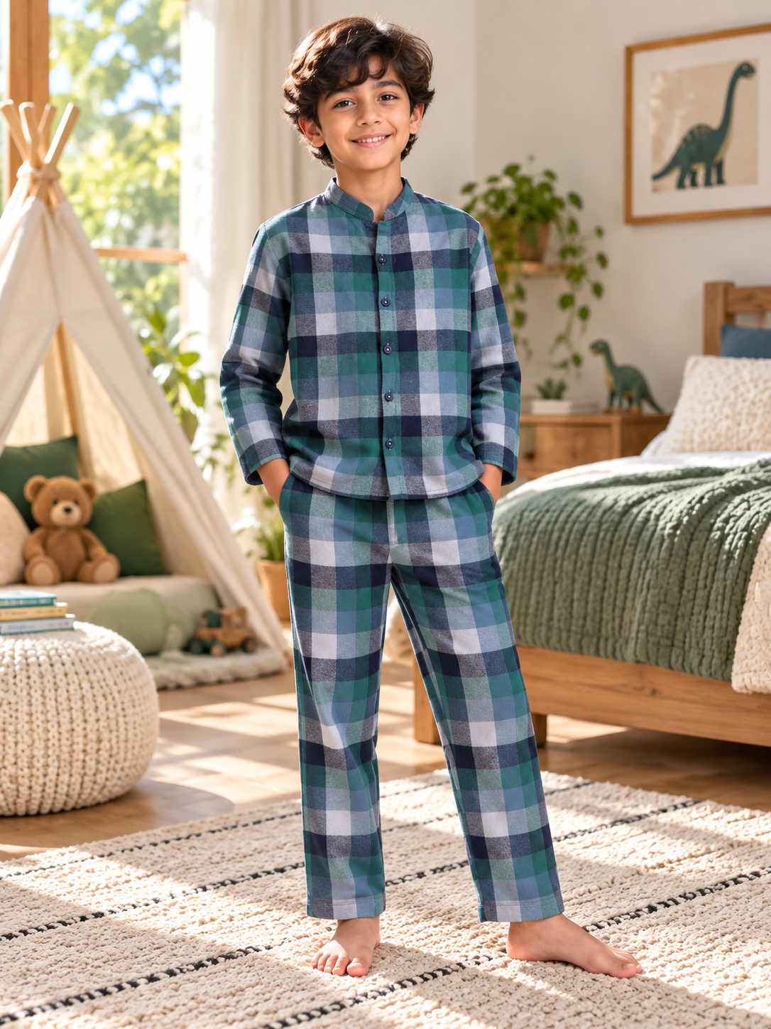 Green Checked Flannel Cotton Full Sleeve Night Suit