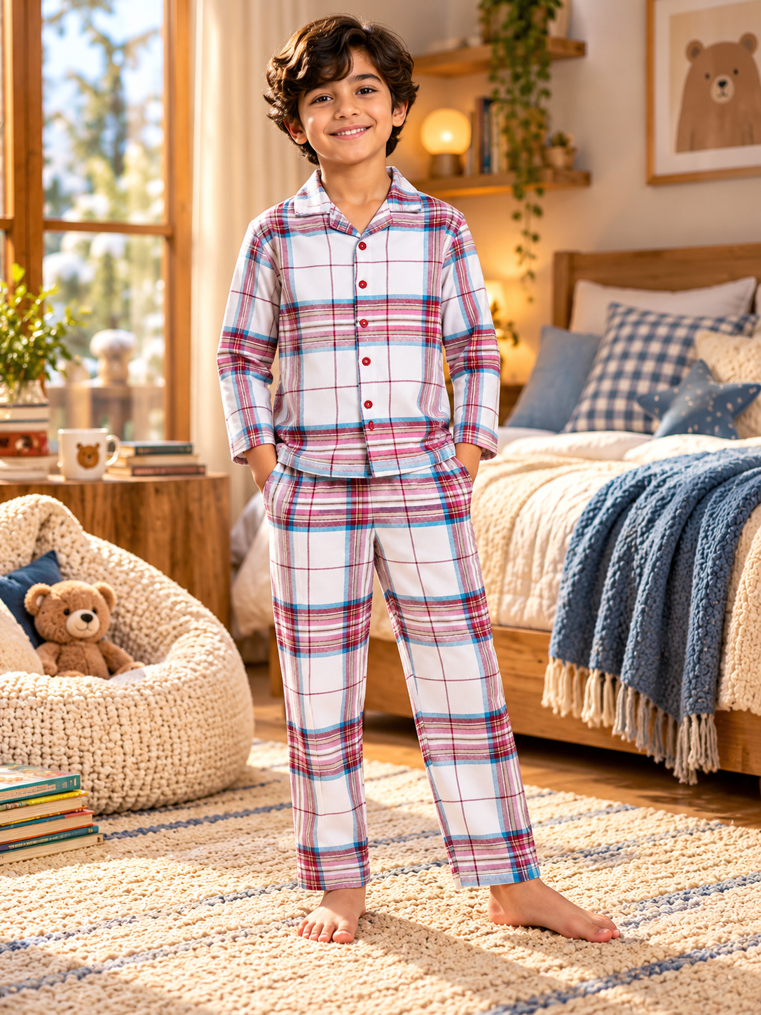 Maroon Checked Flannel Cotton Full Sleeve Night Suit