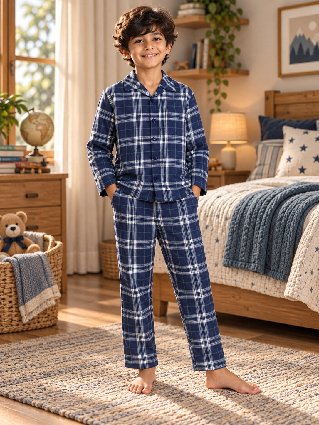 Blue Checked Cotton Full Sleeve Night Suit