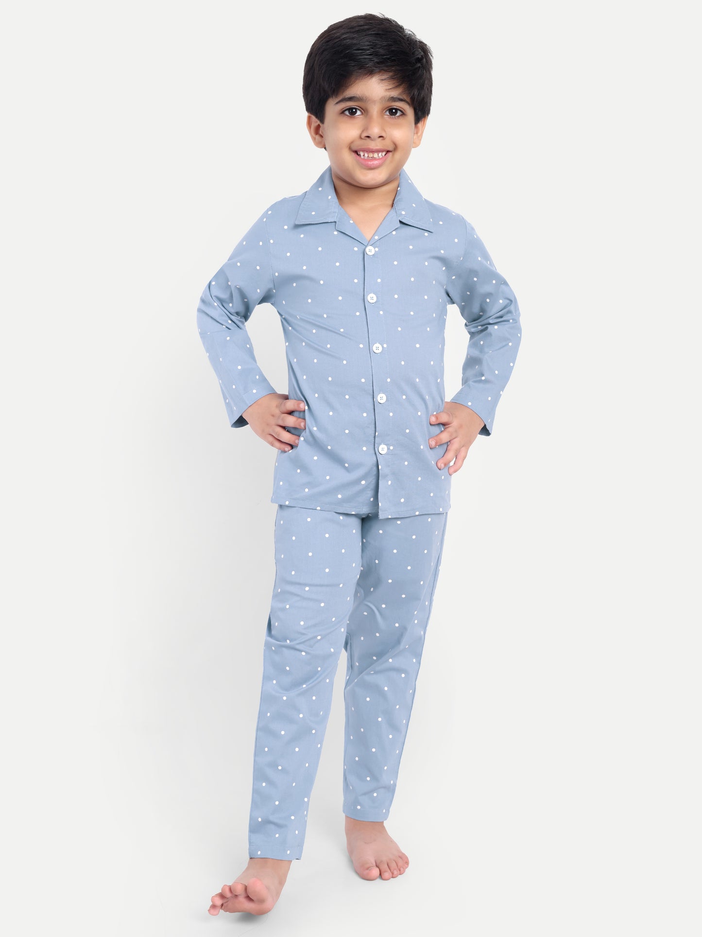 Blue Full Sleeves Polka Dots Night Suit