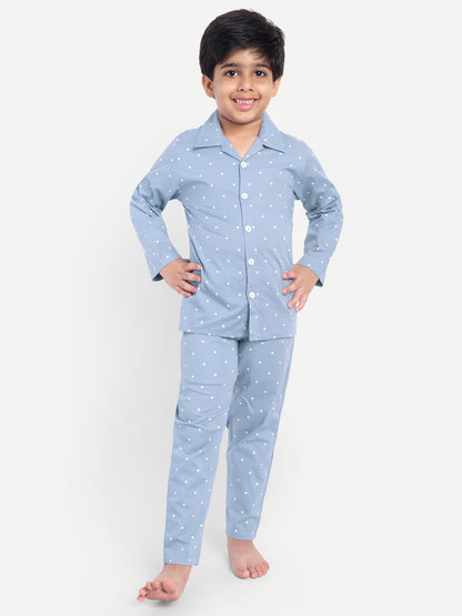 Blue Full Sleeves Polka Dots Night Suit