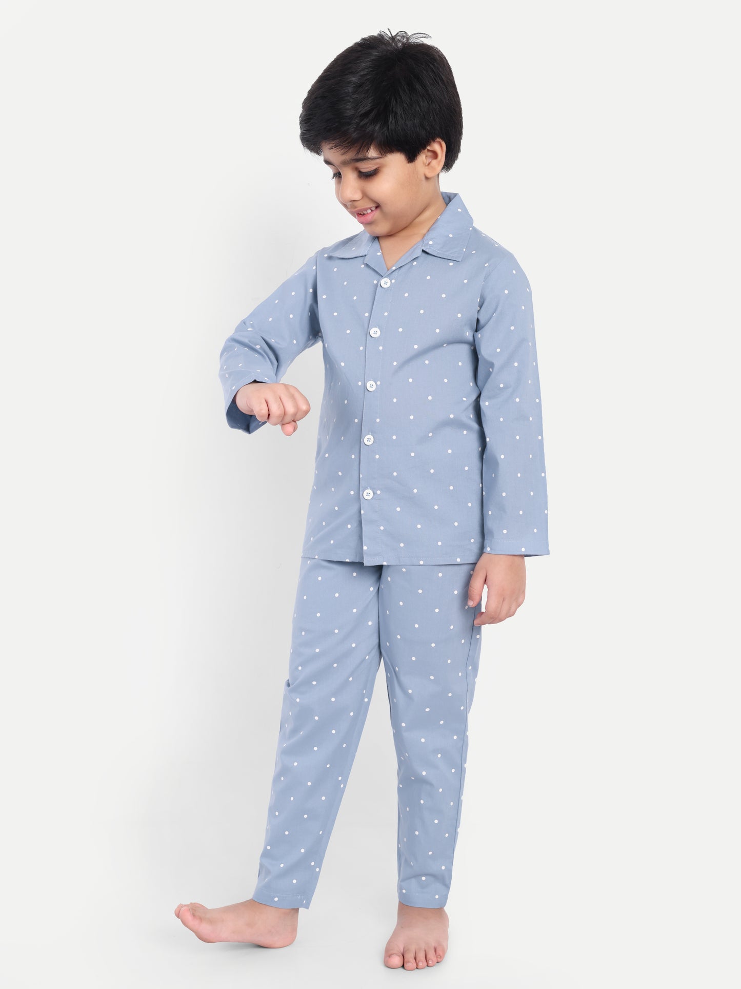Blue Full Sleeves Polka Dots Night Suit