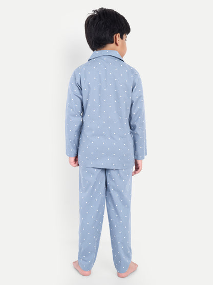 Blue Full Sleeves Polka Dots Night Suit