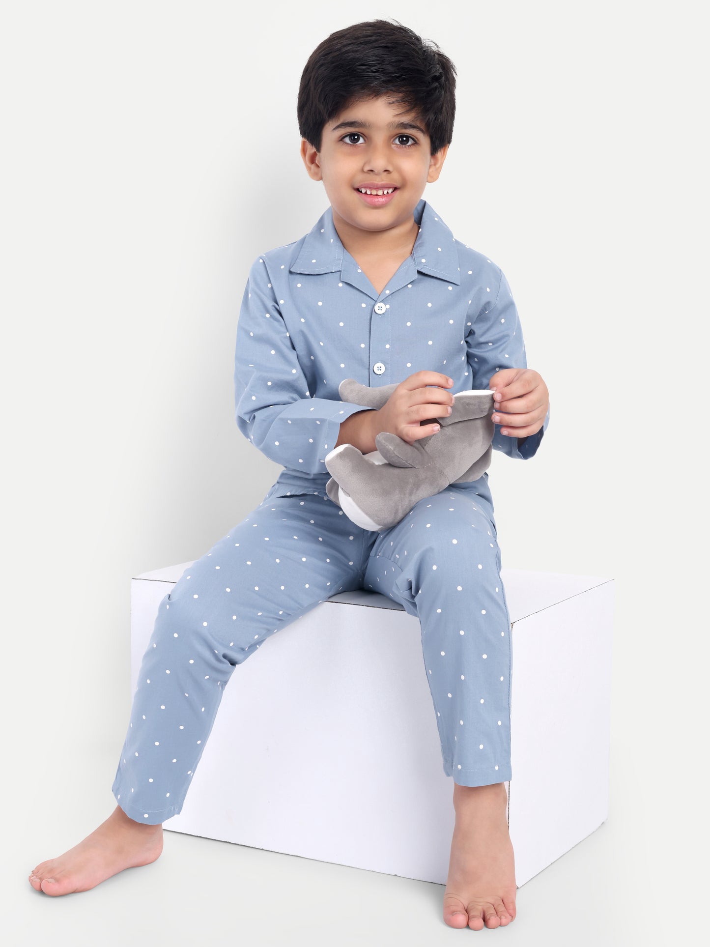 Blue Full Sleeves Polka Dots Night Suit