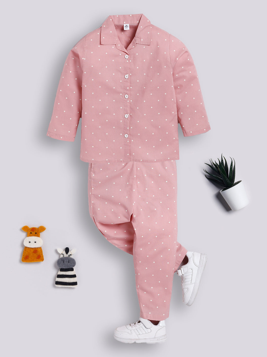 Pink Full Sleeves Polka Dots Night Suit