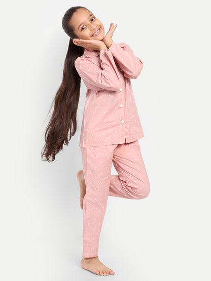 Pink Full Sleeves Polka Dots Night Suit