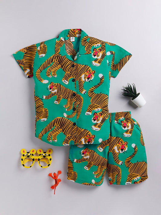 Green Short Sleeves Tiger Print Night Suit