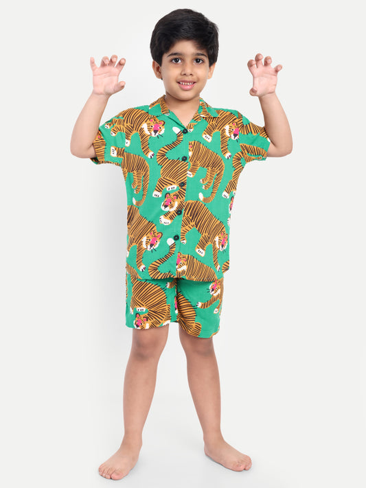 Green Short Sleeves Tiger Print Night Suit