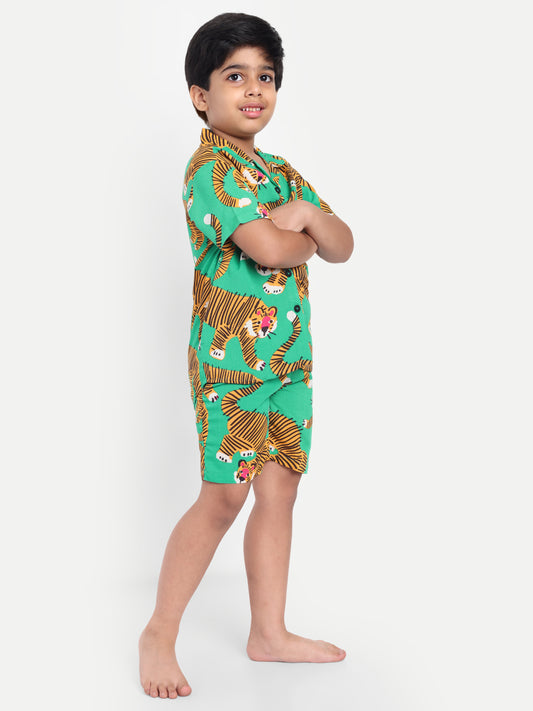Green Short Sleeves Tiger Print Night Suit