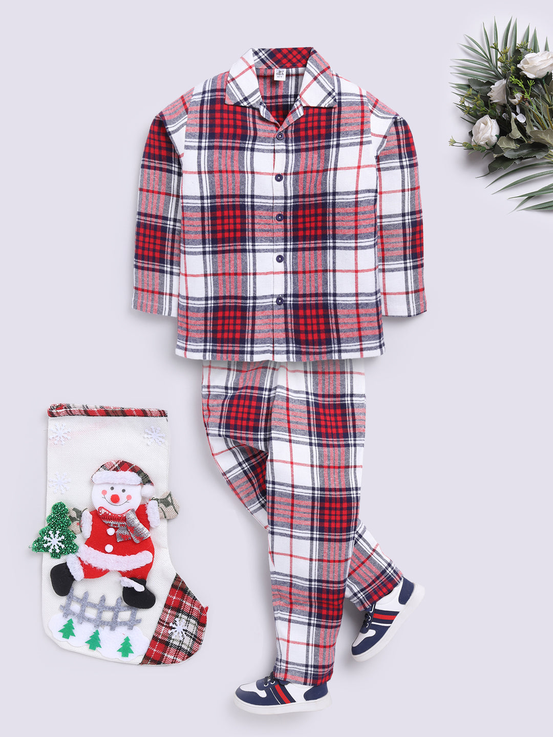 Red Christmas Checked Flannel Night Suit