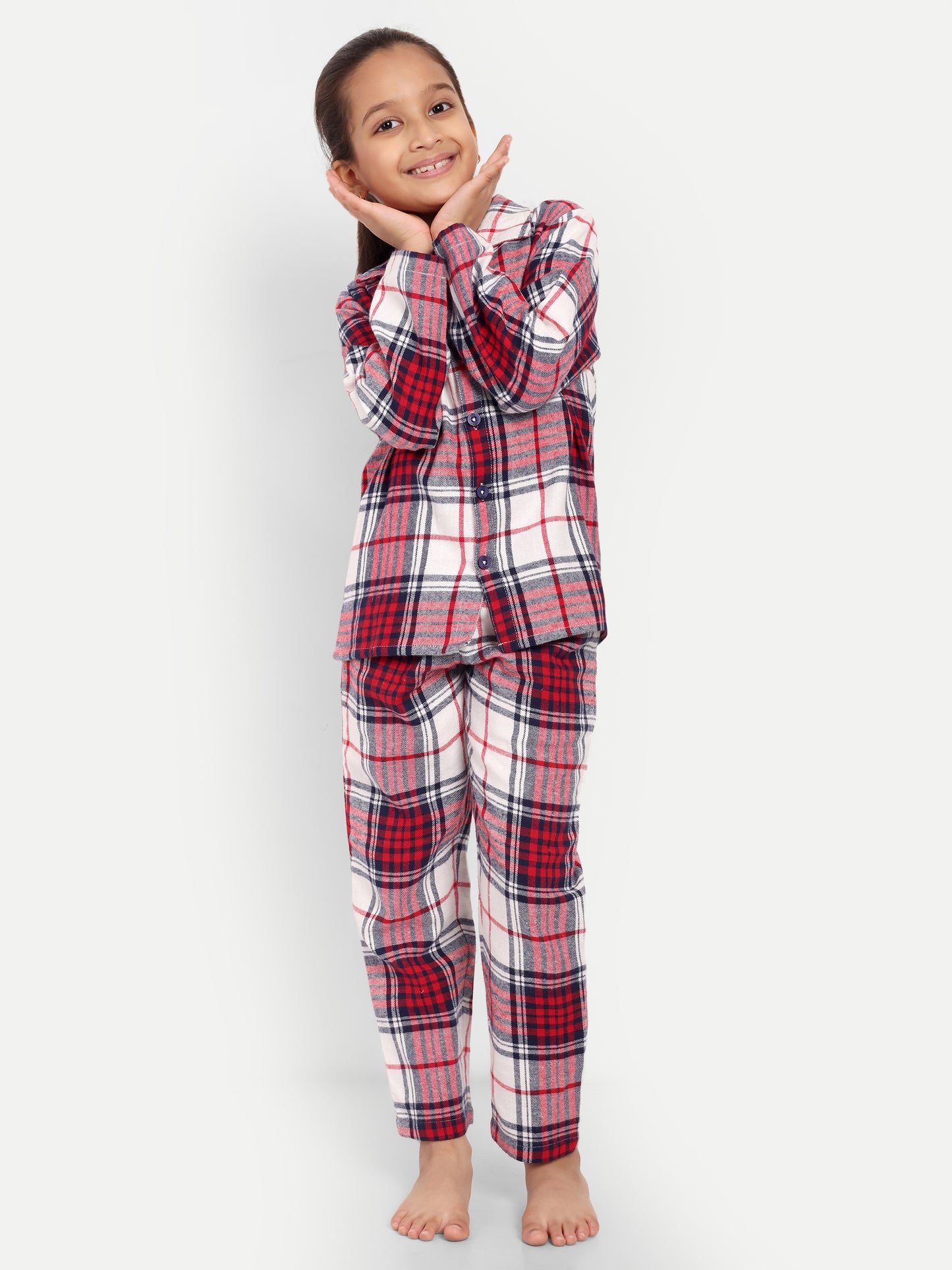Red Cotton Woven Checked Flannel Full Sleeve Night Suit