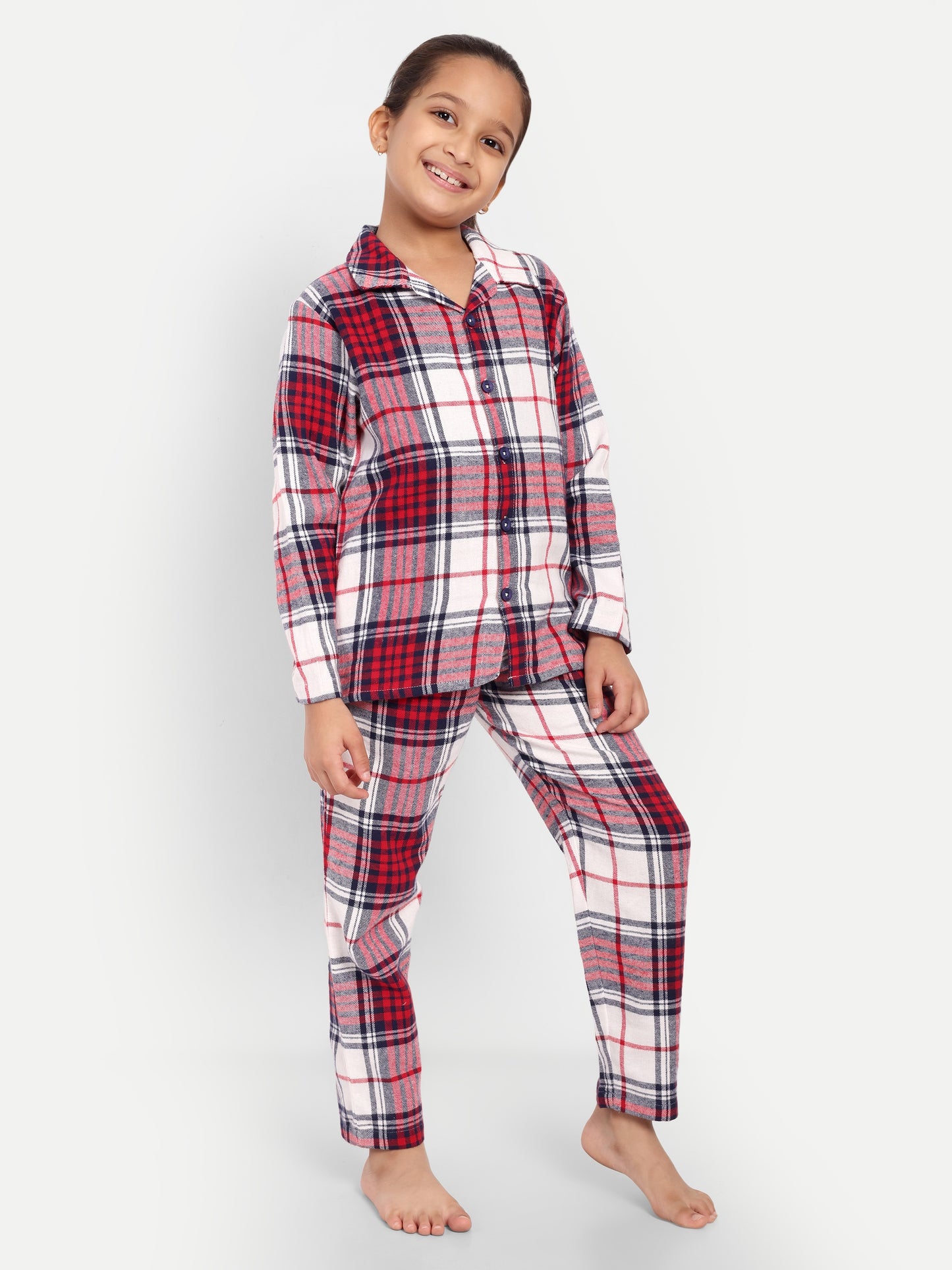 Red Cotton Woven Checked Flannel Full Sleeve Night Suit