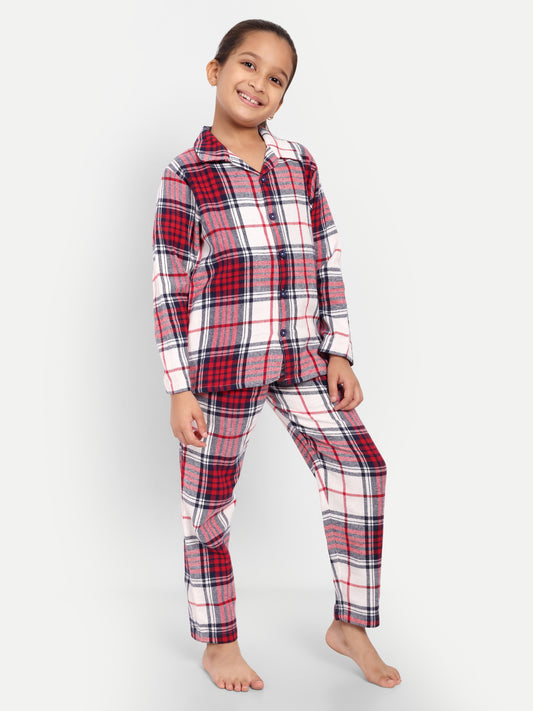 Red Cotton Woven Checked Flannel Full Sleeve Night Suit