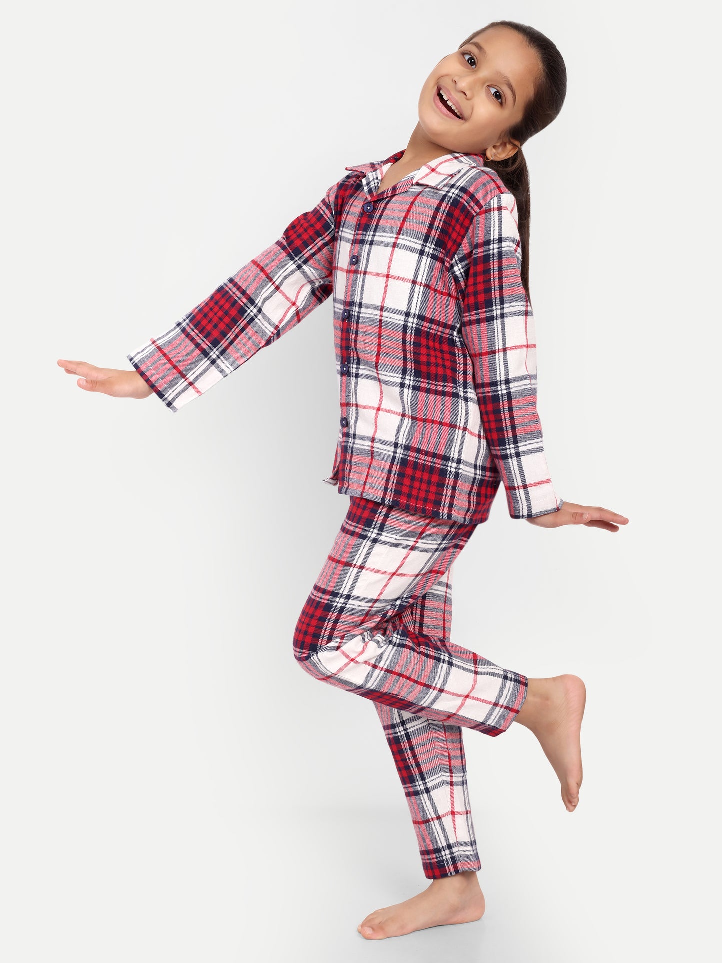 Red Cotton Woven Checked Flannel Full Sleeve Night Suit