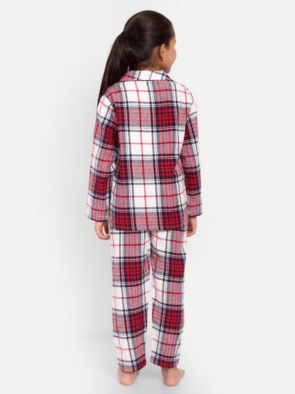 Red Cotton Woven Checked Flannel Full Sleeve Night Suit