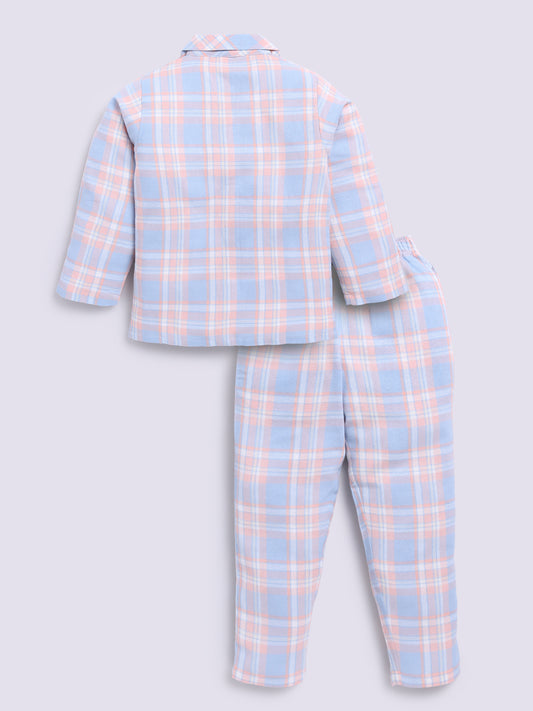 Peach Full Sleeves Checked Flannel Night Suit