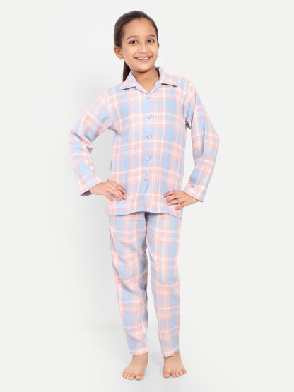 Peach Full Sleeves Checked Flannel Night Suit