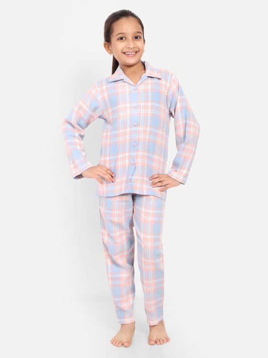 Peach Full Sleeves Checked Flannel Night Suit
