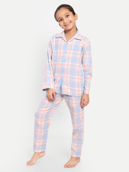 Peach Full Sleeves Checked Flannel Night Suit