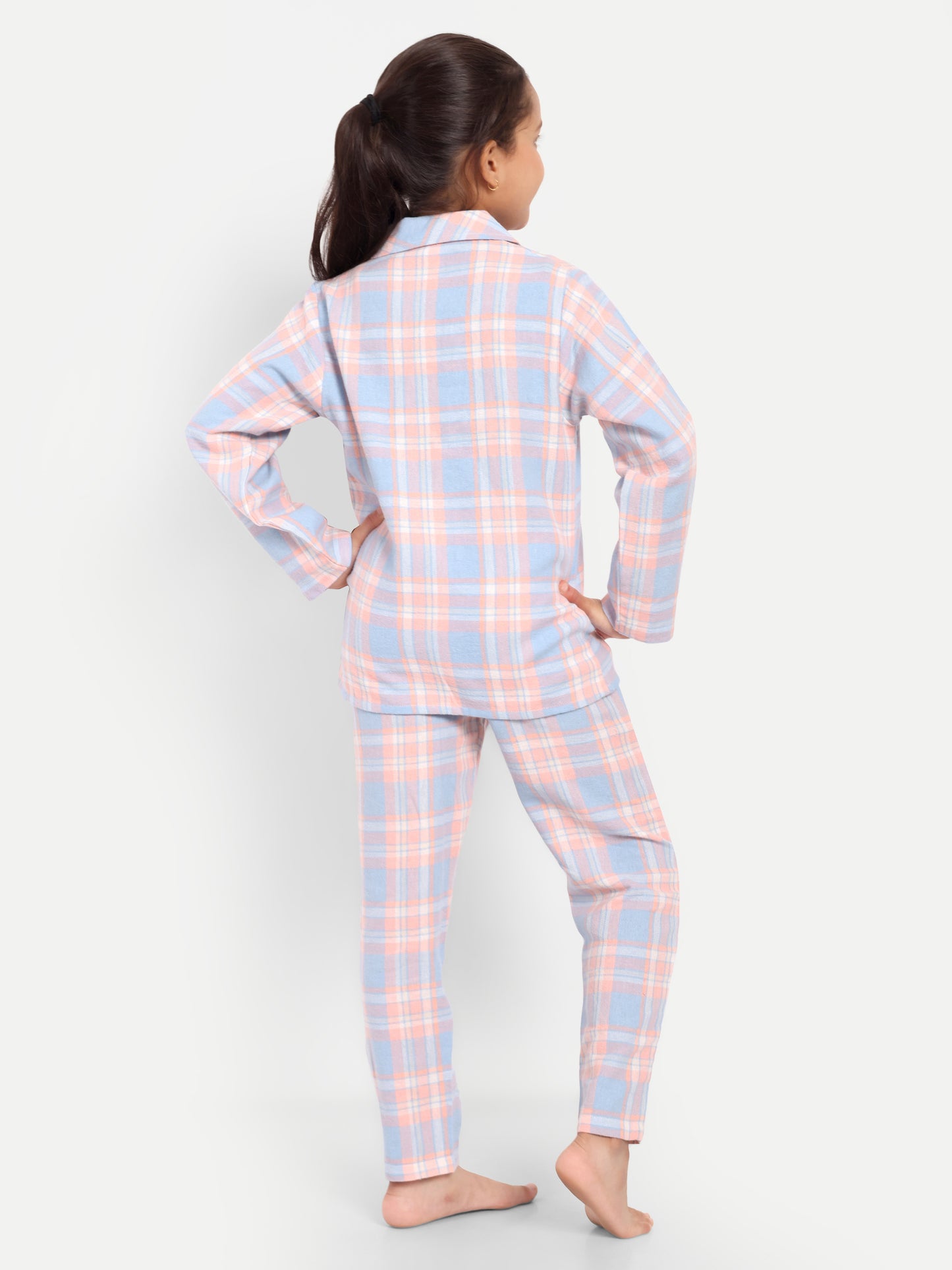 Peach Full Sleeves Checked Flannel Night Suit