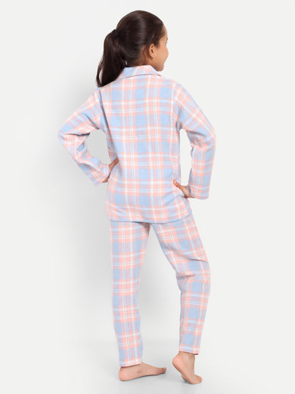 Peach Full Sleeves Checked Flannel Night Suit