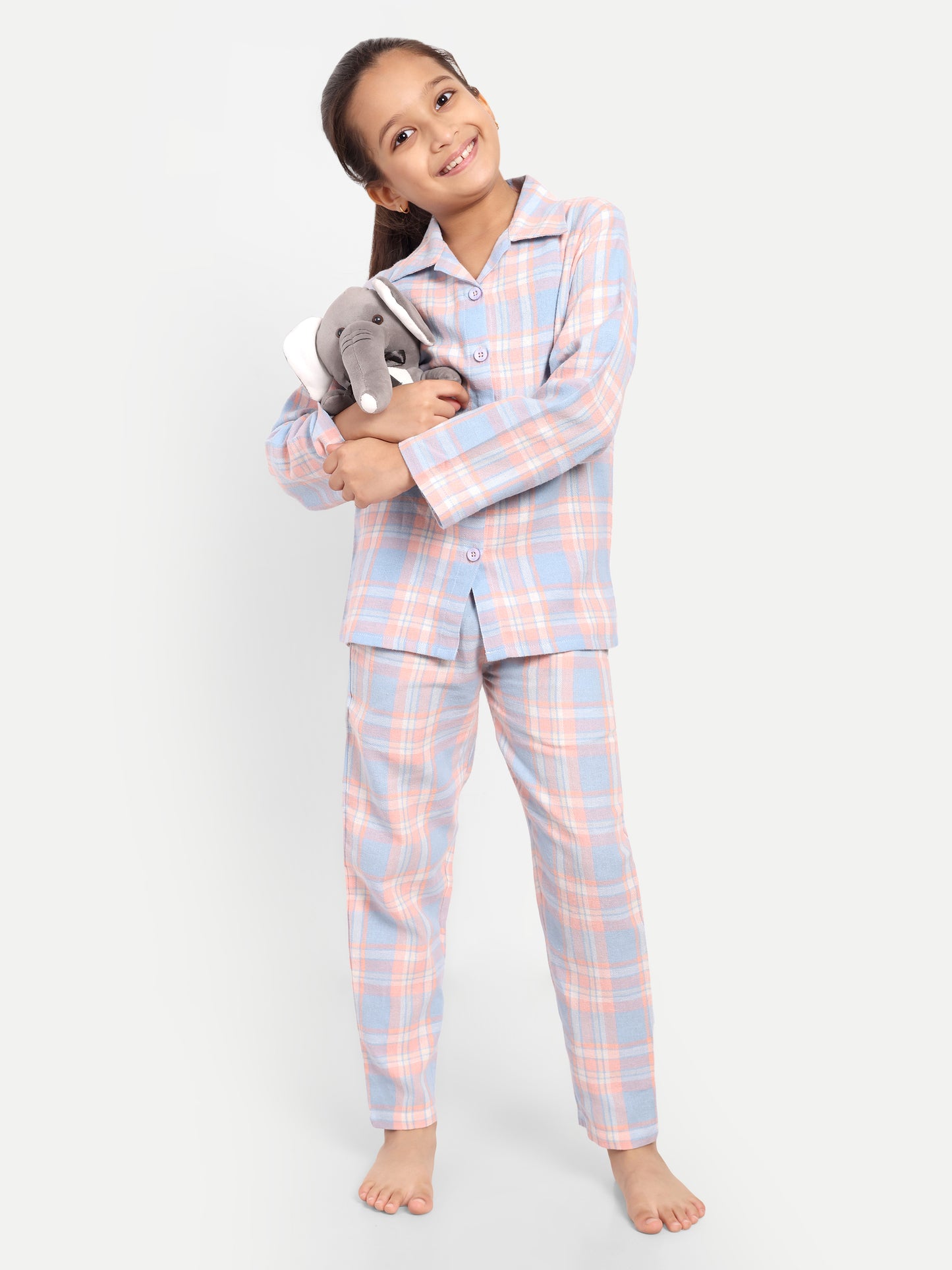 Peach Full Sleeves Checked Flannel Night Suit