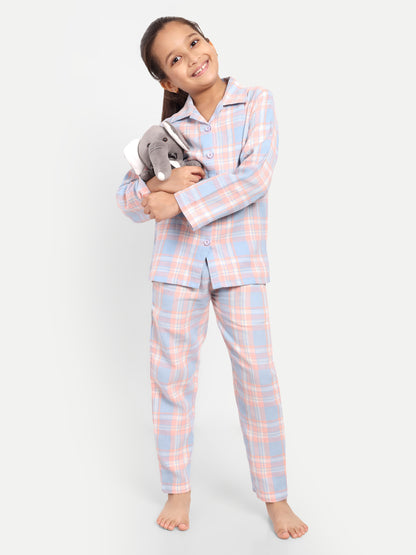 Peach Full Sleeves Checked Flannel Night Suit