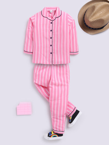 Pink Full Sleeves Striped Night Suit