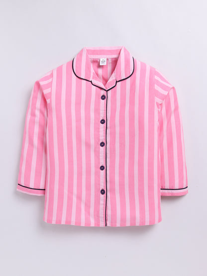 Pink Full Sleeves Striped Night Suit