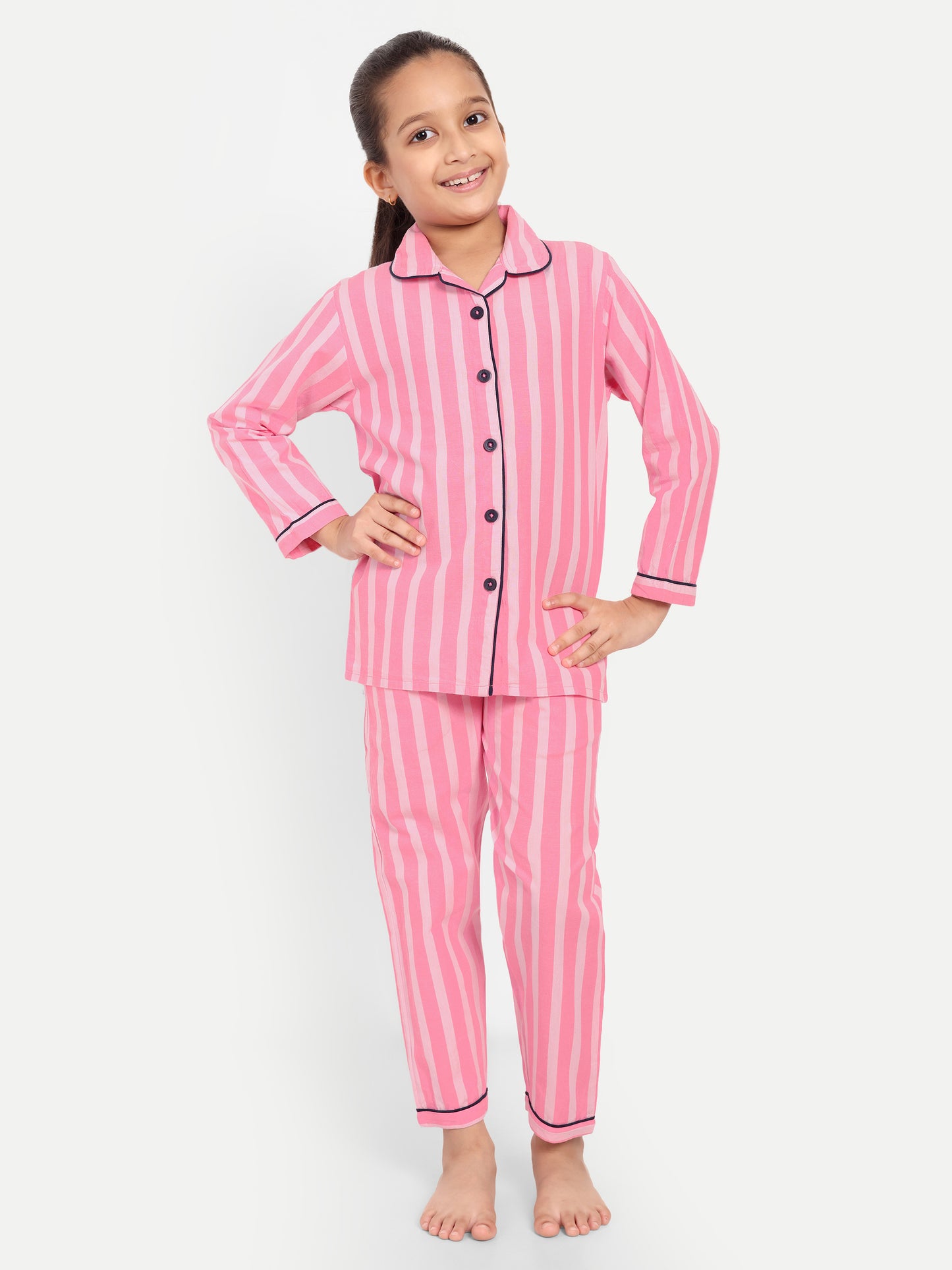 Pink Full Sleeves Striped Night Suit