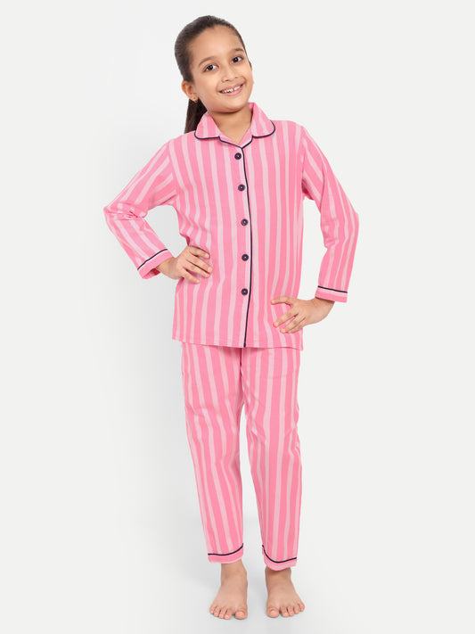Pink Full Sleeves Striped Night Suit