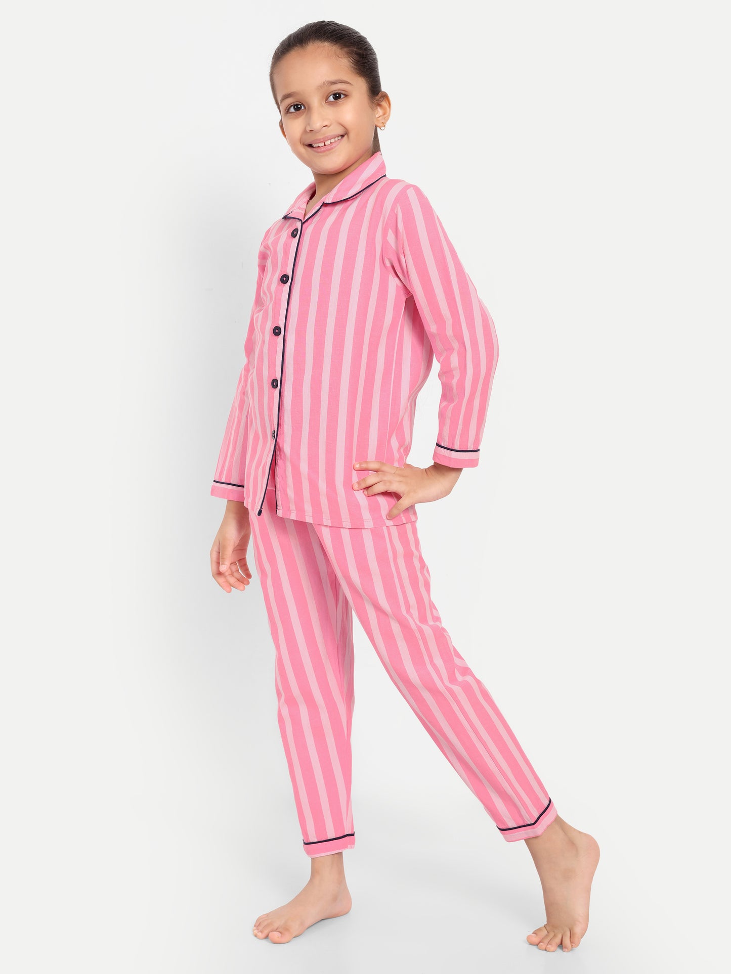 Pink Full Sleeves Striped Night Suit