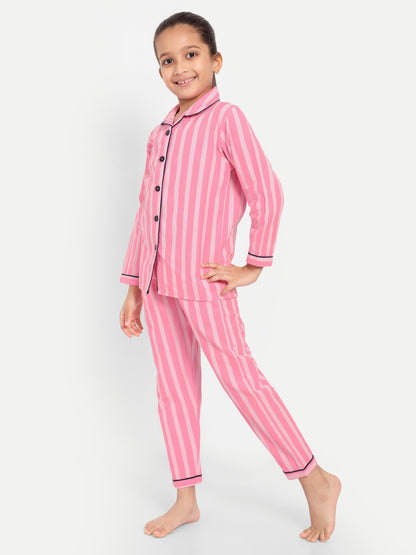 Pink Full Sleeves Striped Night Suit