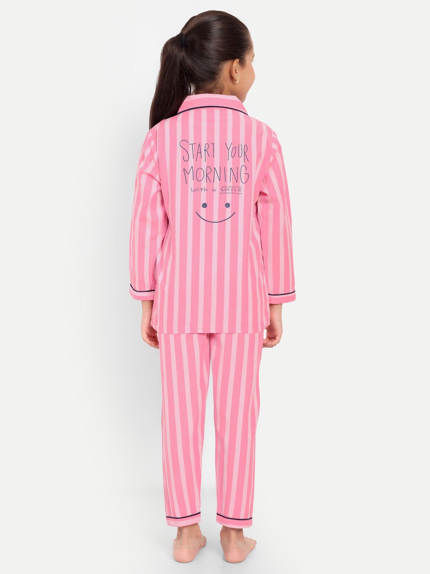 Pink Full Sleeves Striped Night Suit