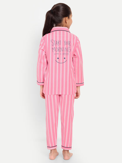 Pink Full Sleeves Striped Night Suit
