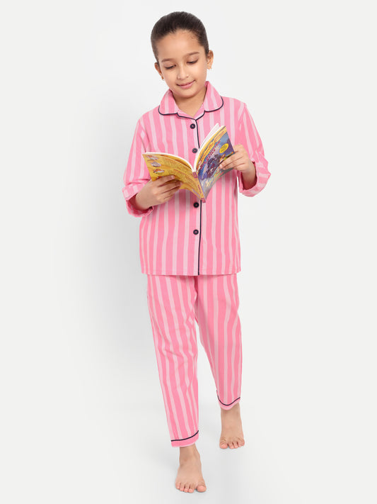 Pink Full Sleeves Striped Night Suit