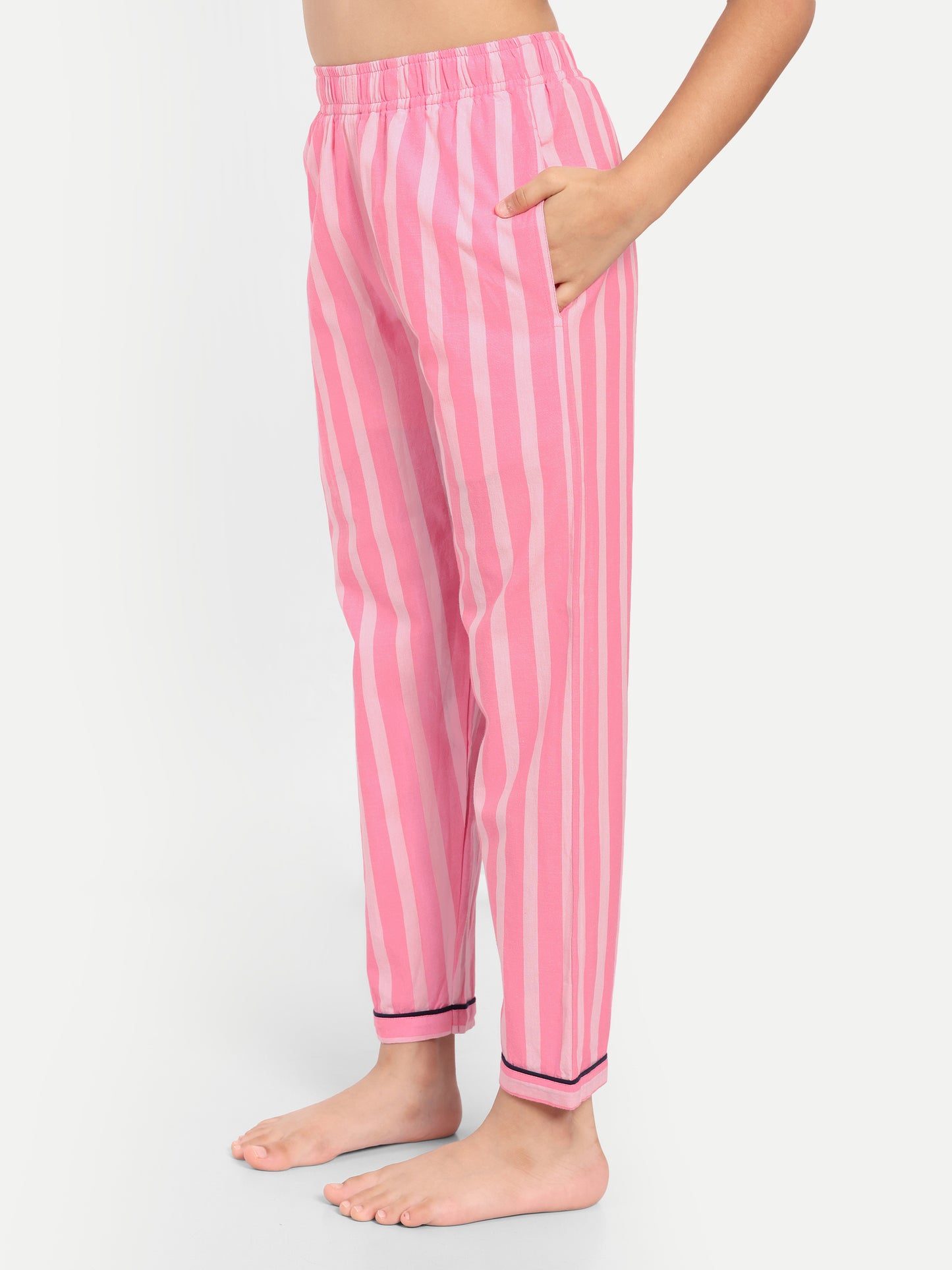 Pink Full Sleeves Striped Night Suit