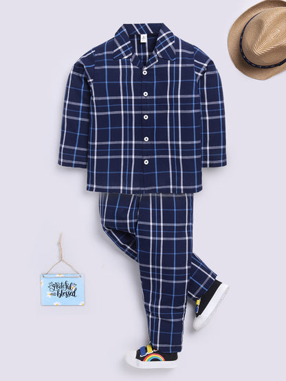 Blue Full Sleeves Checked Night Suit