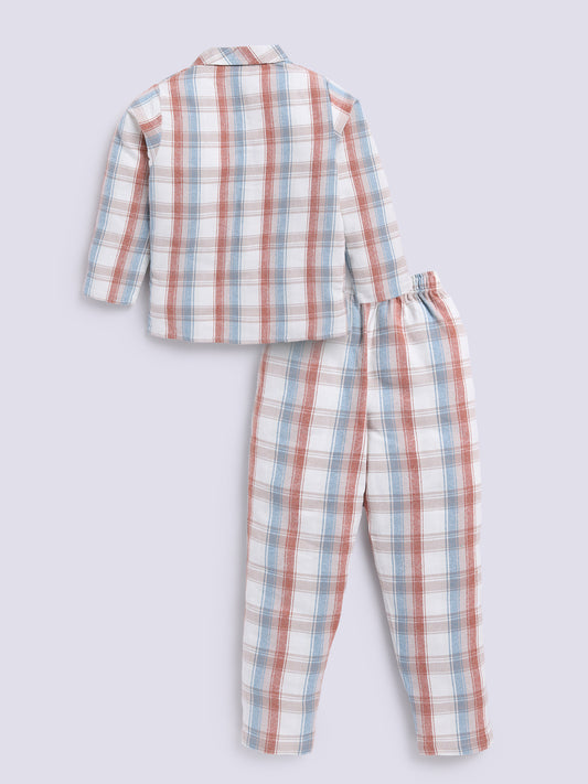 Beige Full Sleeves Checked Flannel Night Suit