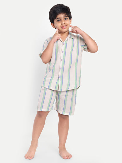 Cream Striped Short Sleeves Co-ord Set