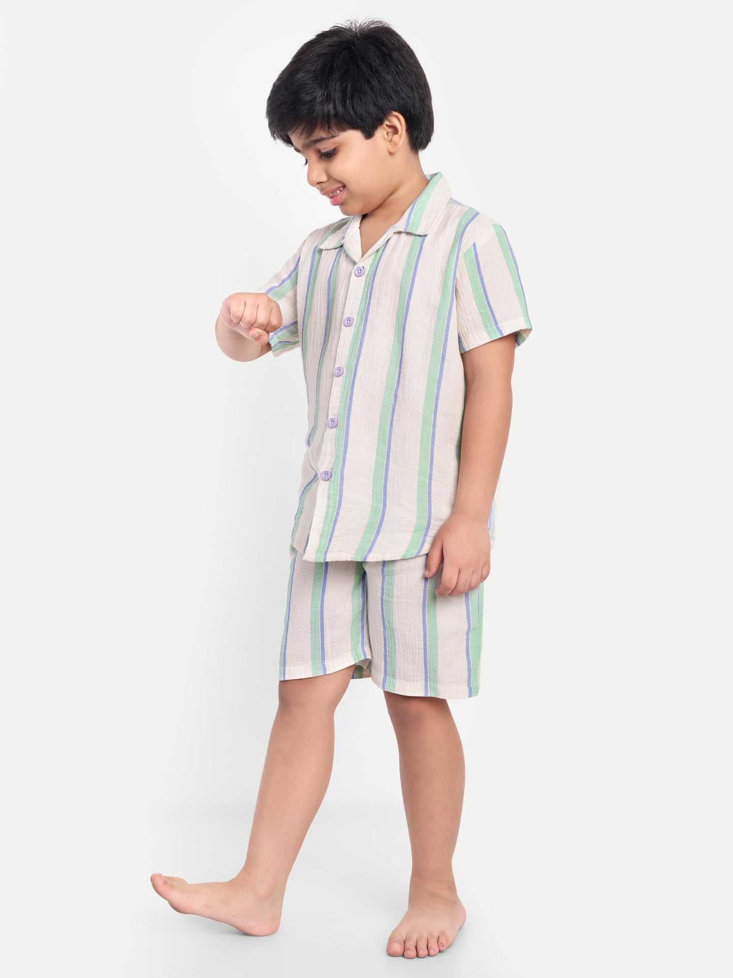 Cream Striped Short Sleeves Co-ord Set